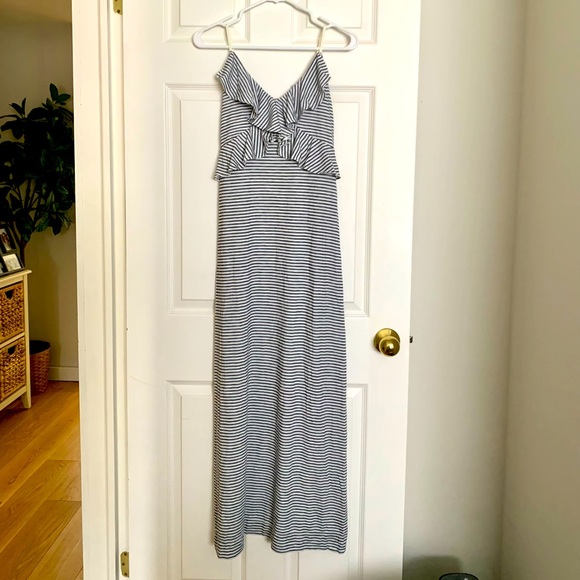 Striped Maxi Dress with Ruffled Bodice - Picture 1 of 9